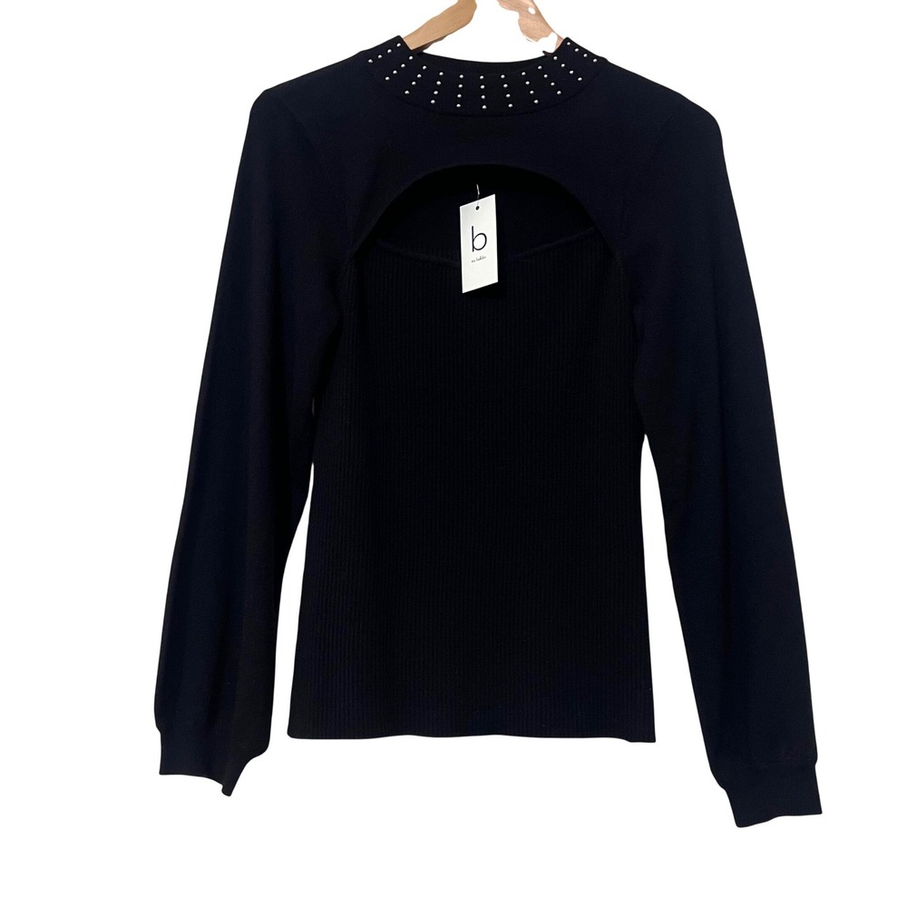 NWT By belldini Cutout Mock‎ Neck Ribbed Sweater Embellished Collar black M